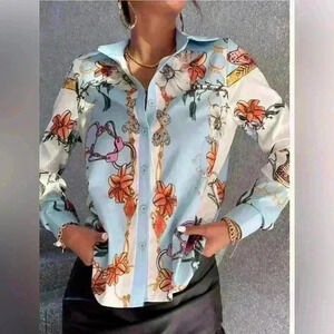 Floral And Butterfly Print Button Up Blouse Blue Sz Medium
